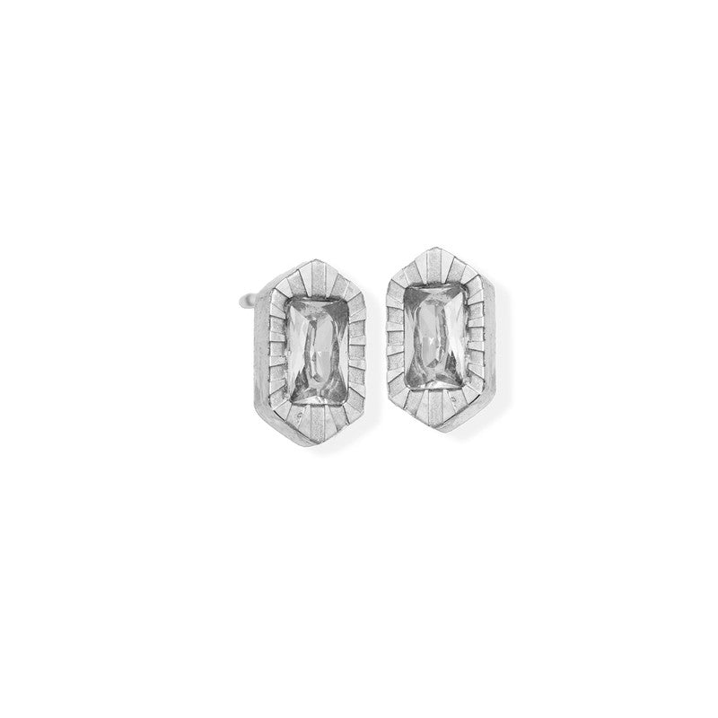 Rectangle Earring Textured Edge - Silver