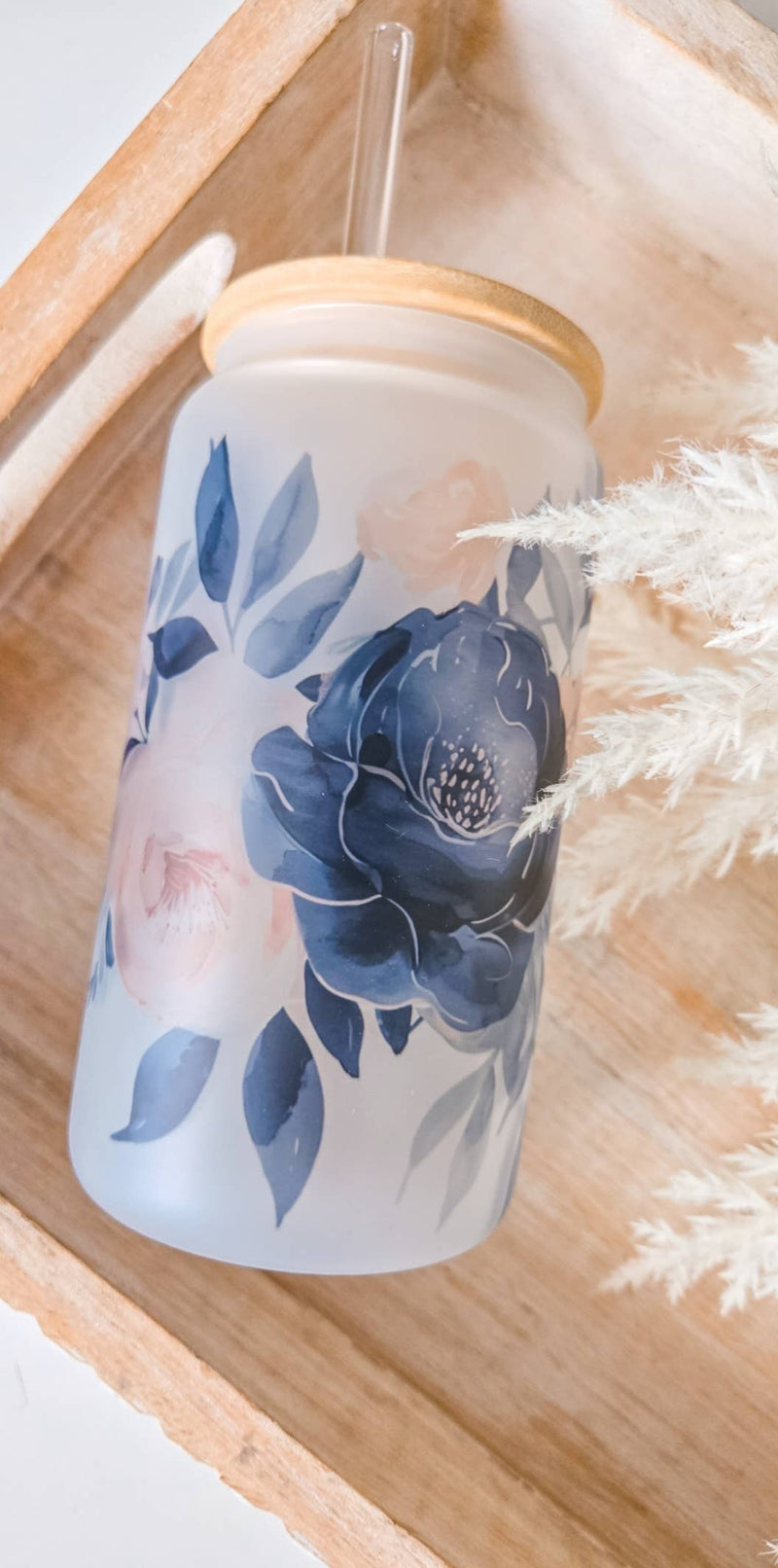 Navy & Blush Floral Glass | 16oz Glass