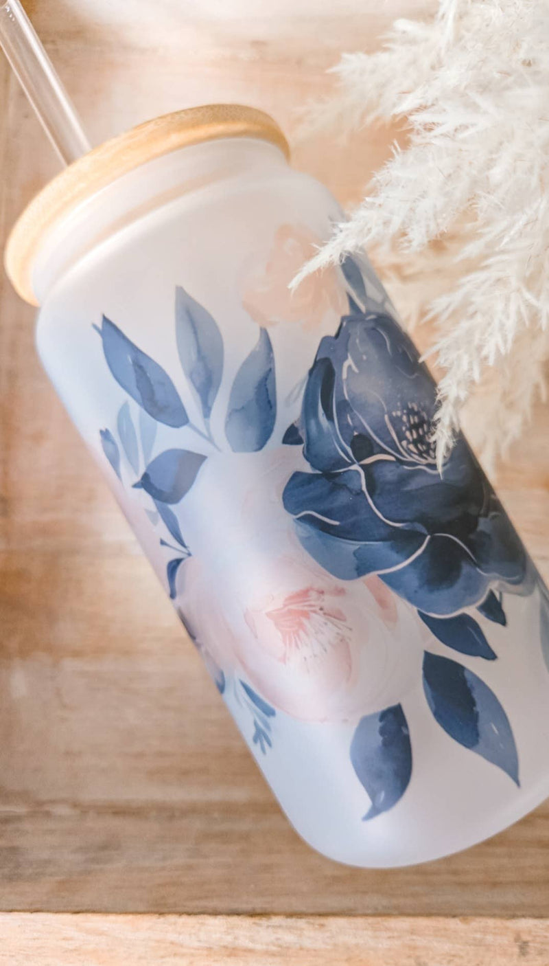 Navy & Blush Floral Glass | 16oz Glass