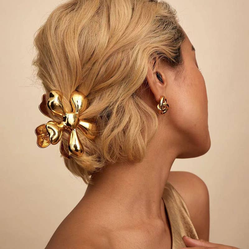 Gold Flower Duckbill Hair Clip - Elegant Metal Hair Claw